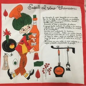 Vintage Spanish Recipe Tea Towel 19x19 Lady Chef Frying Pan Herbs Seasonings Art